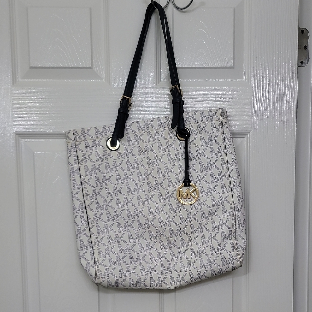 Michael Kors Monogram Cream and Navy Tote